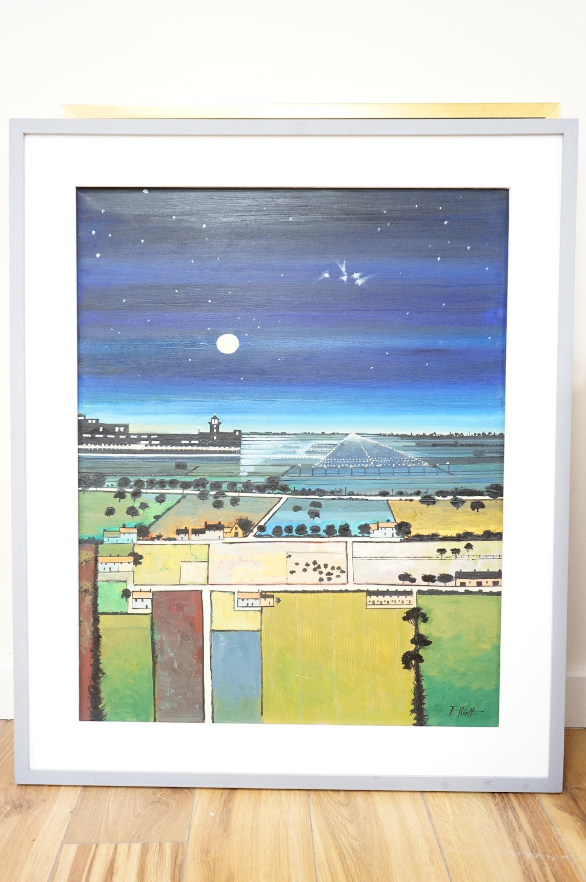 Robin Alexander Elliott (b.1936), oil on canvas, 'The countryside at the back of Gatwick Airport, Up Up and Away', signed, inscribed verso, 74 x 59cm. Condition - good